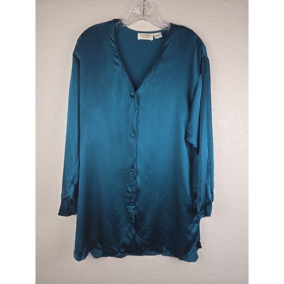 VTG 100% Silk Victoria’s Secret Gold Label Pajama Lounge Sleep Shirt Blue Petite - Picture 1 of 5